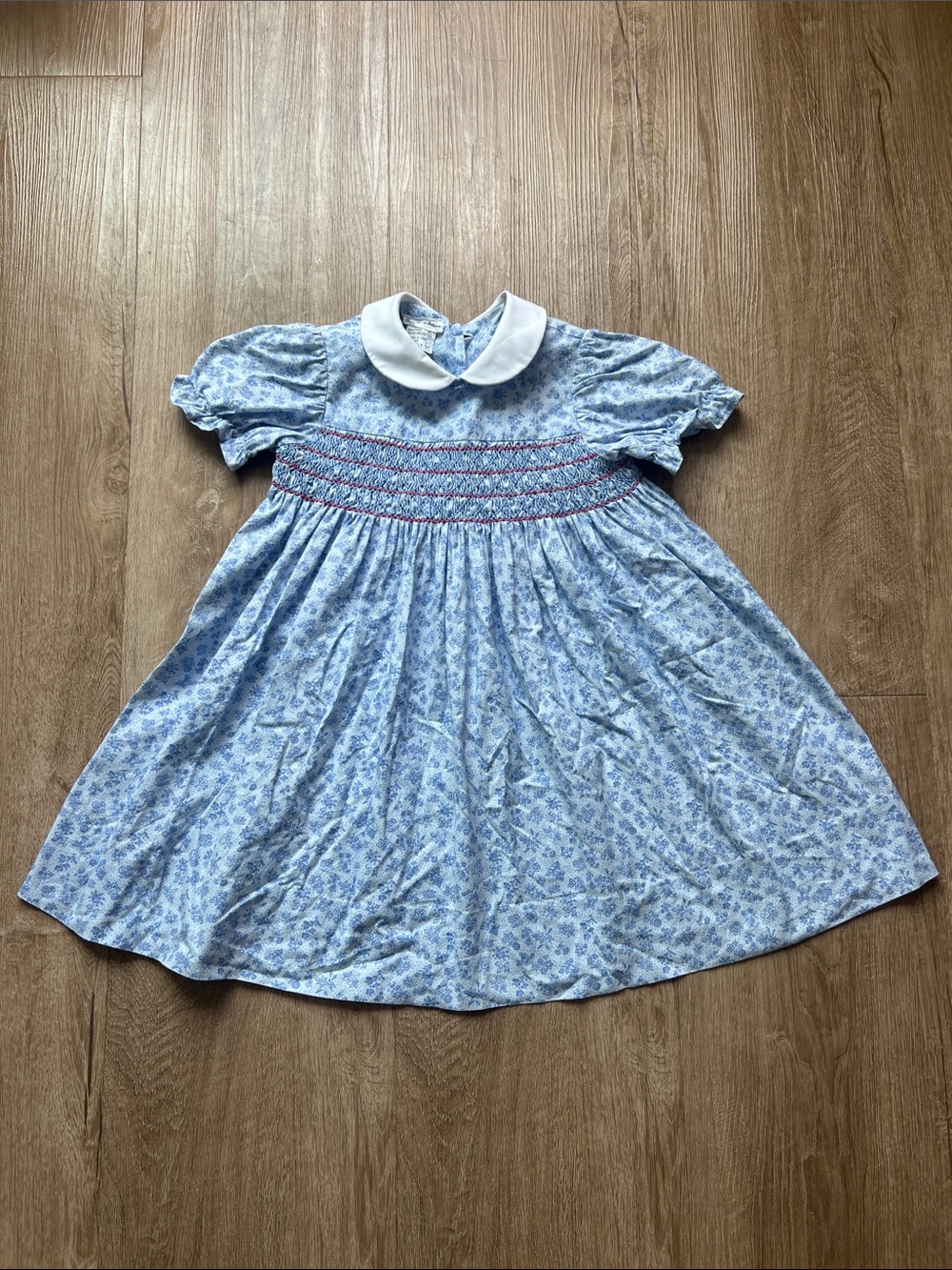 Young World Fashions Blue Floral Smocked Peter Pan Collar Babydoll Dress Size 6